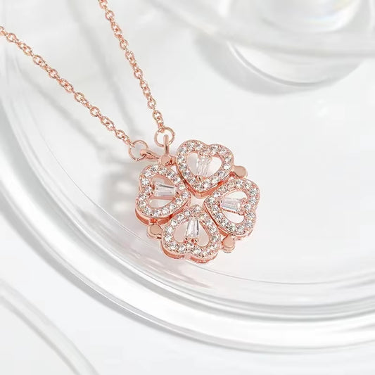 LovaCharm™ 4-in-1 Magnetic Heart & Clover Necklace – Love, Luck, and a Touch of Magic